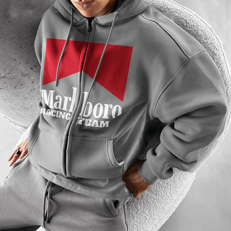 Oversized Hoodie Racing Graphic Print Zip-Up Hooded Sweatshirt
