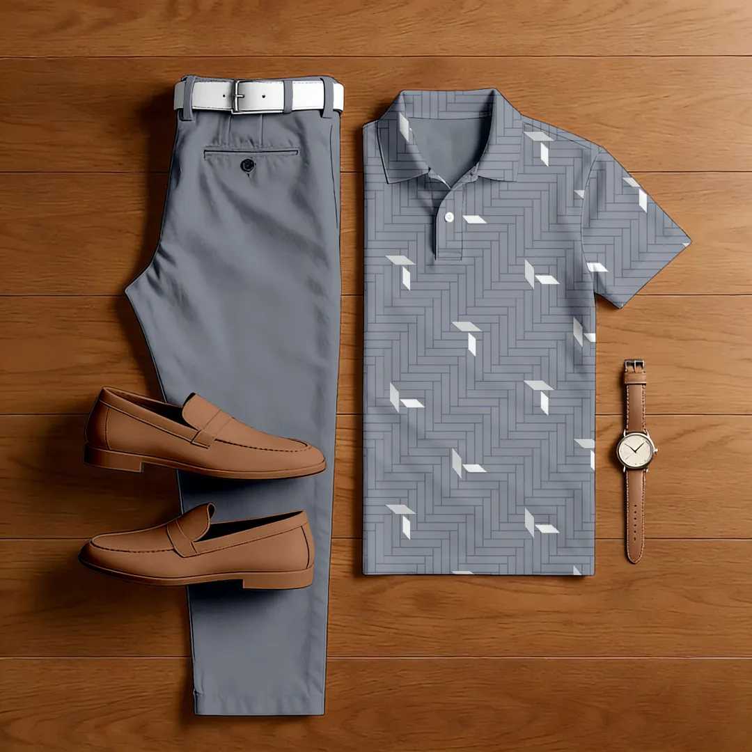 Polo-Collar Short Sleeved Trousers Two-Piece Set