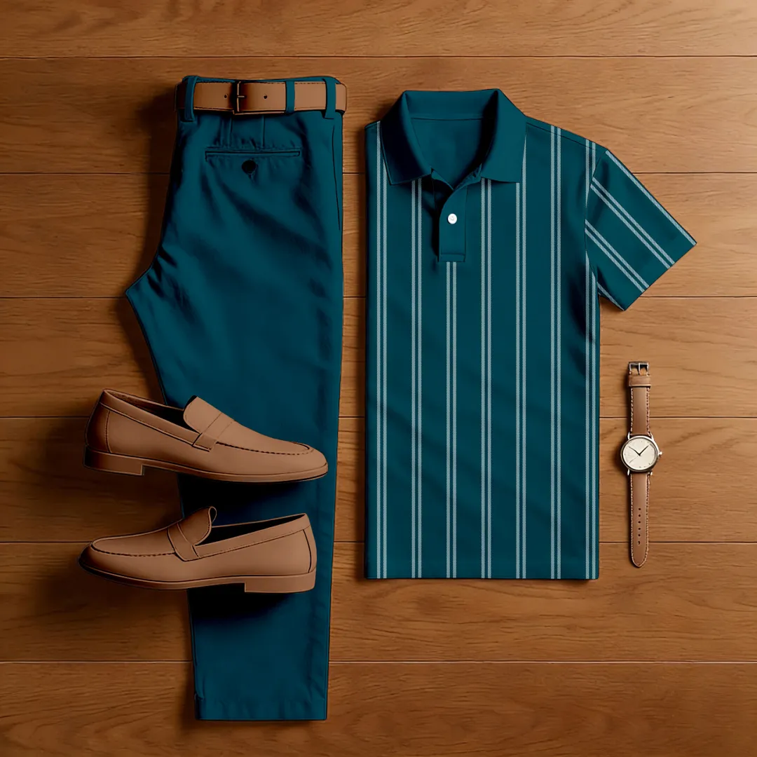 Polo-Collar Short Sleeved Trousers Two-Piece Set