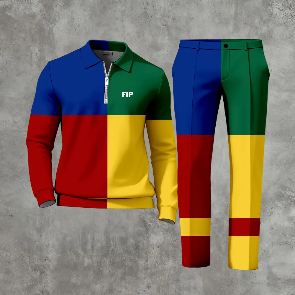Polo-Collar Zipper Long Sleeved Trousers Two-Piece Set