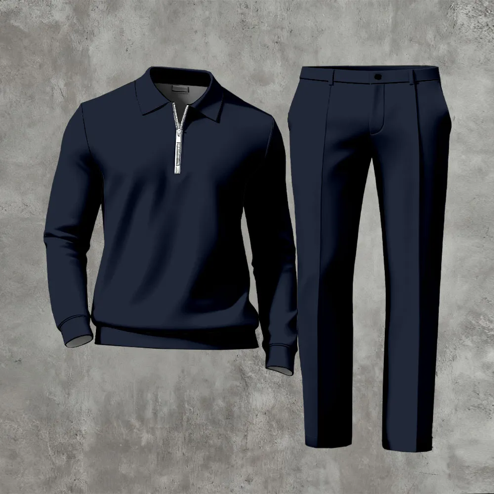Polo-Collar Zipper Long Sleeved Trousers Two-Piece Set