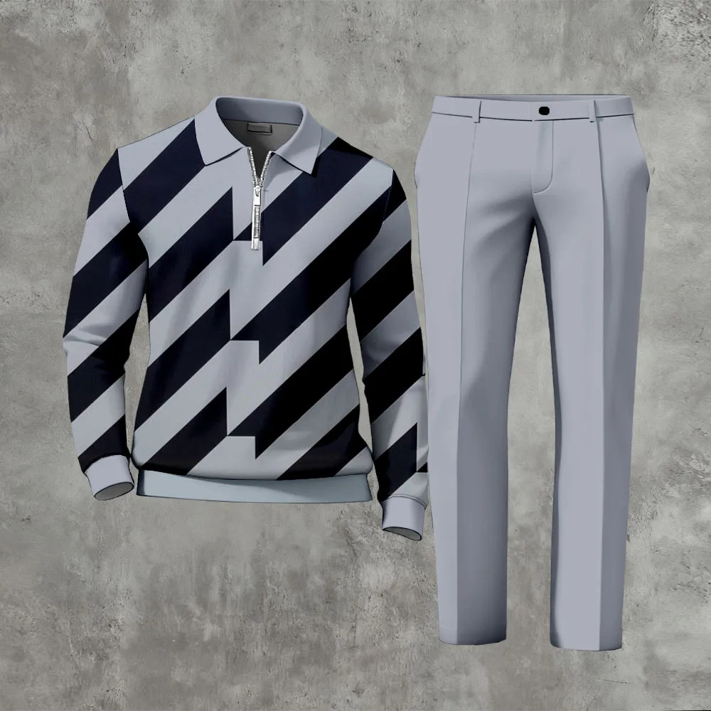 Polo-Collar Zipper Long Sleeved Trousers Two-Piece Set