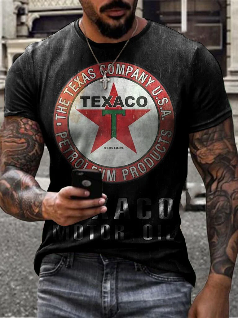 Retro Casual Engine Oil Print T-Shirt - Image 3