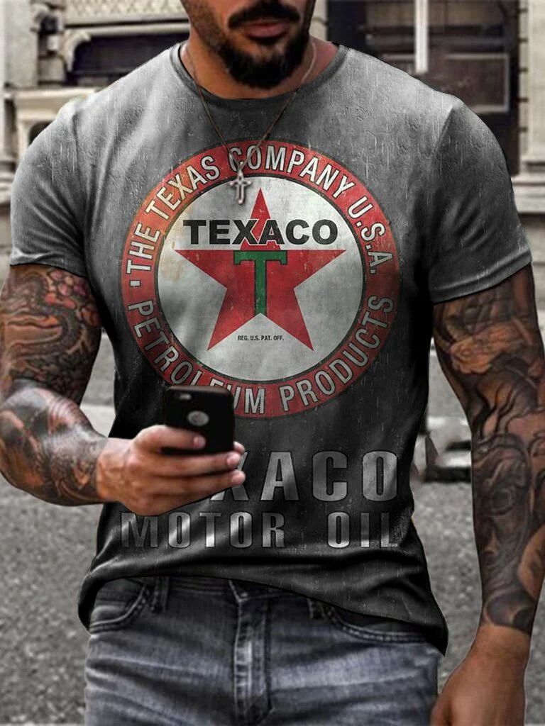 Retro Casual Engine Oil Print T-Shirt - Image 4