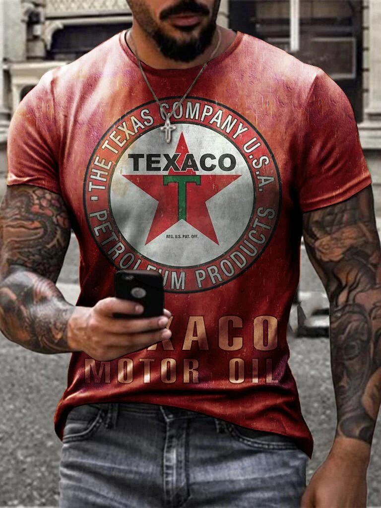 Retro Casual Engine Oil Print T-Shirt - Image 5