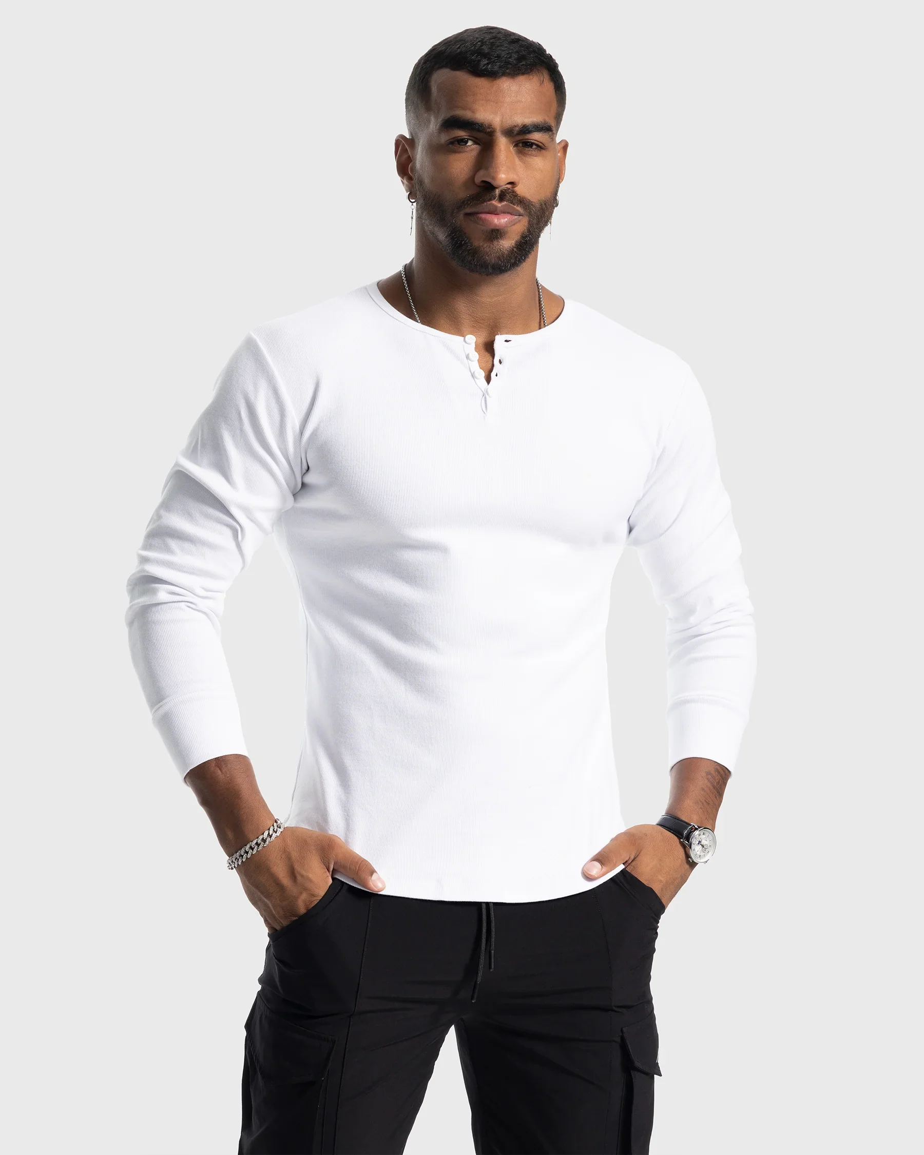 Rib Knit Curved Hem Long Sleeve Henley Shirt - Image 10