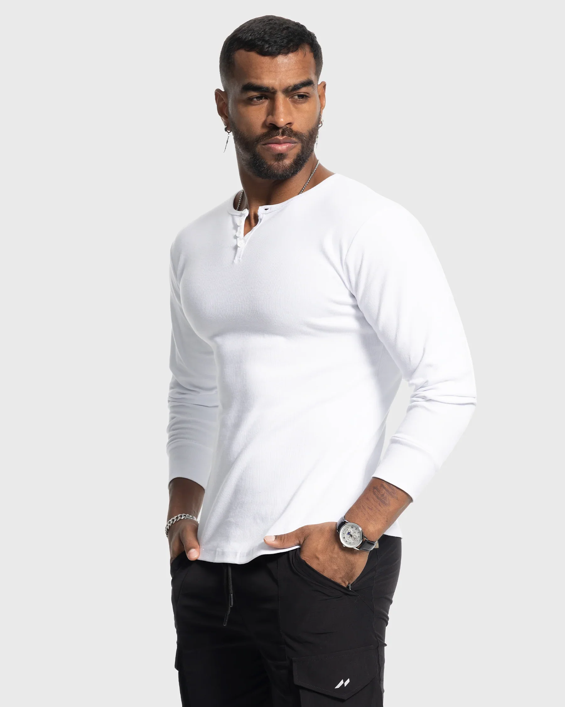 Rib Knit Curved Hem Long Sleeve Henley Shirt - Image 11