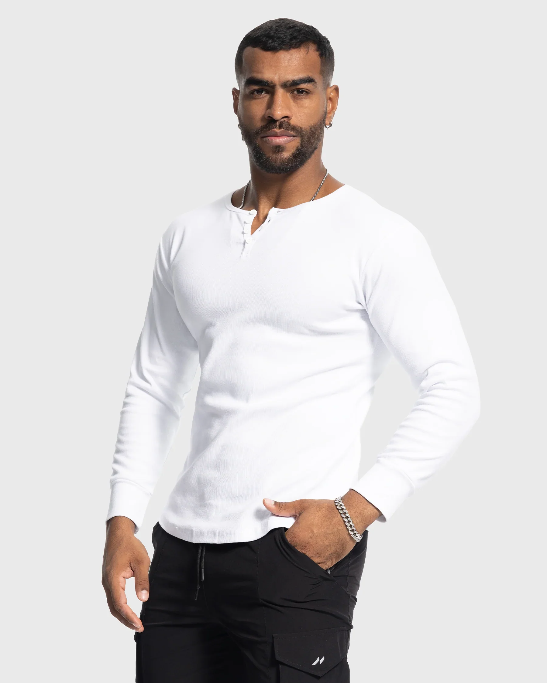 Rib Knit Curved Hem Long Sleeve Henley Shirt - Image 12