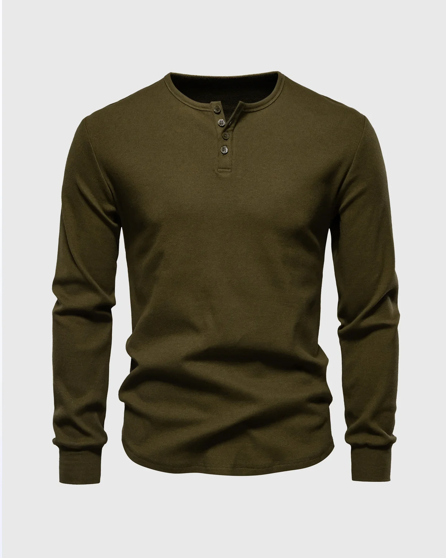 Rib Knit Curved Hem Long Sleeve Henley Shirt - Image 13