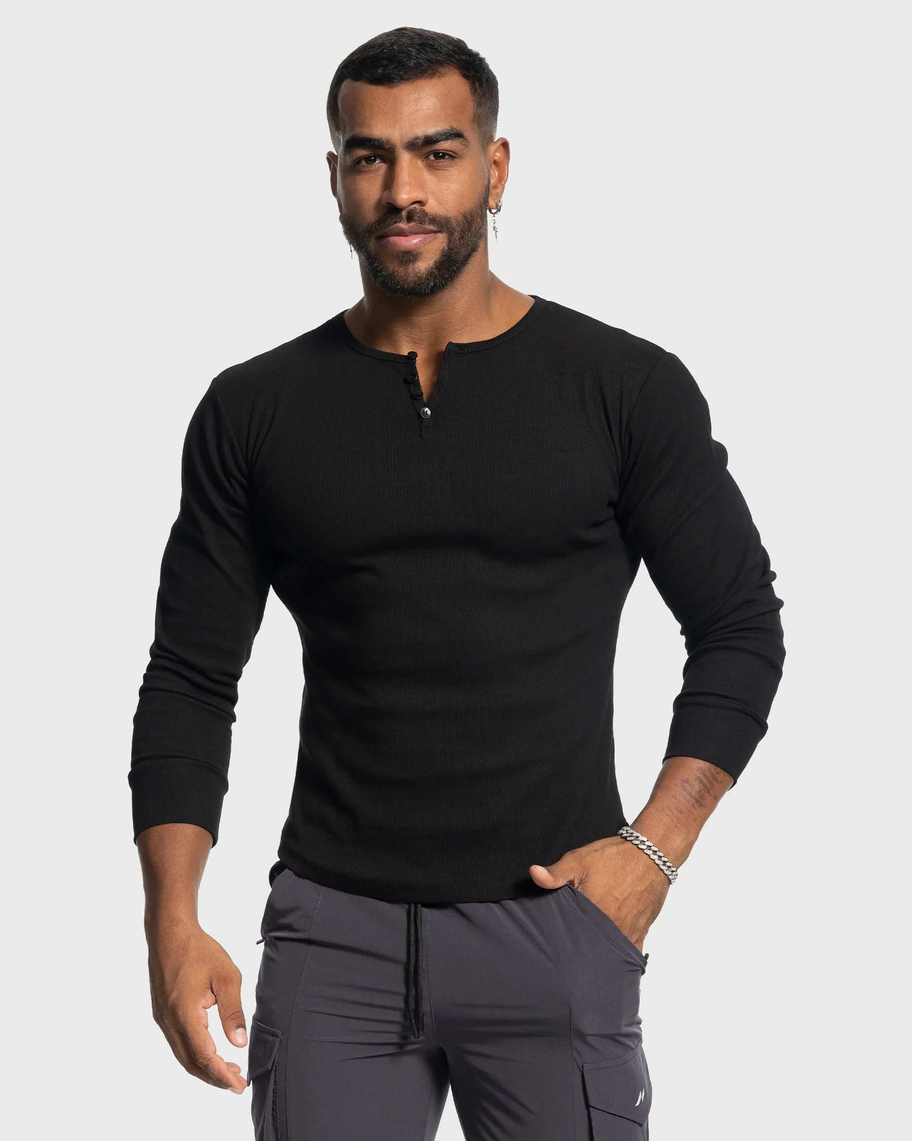 Rib Knit Curved Hem Long Sleeve Henley Shirt - Image 15
