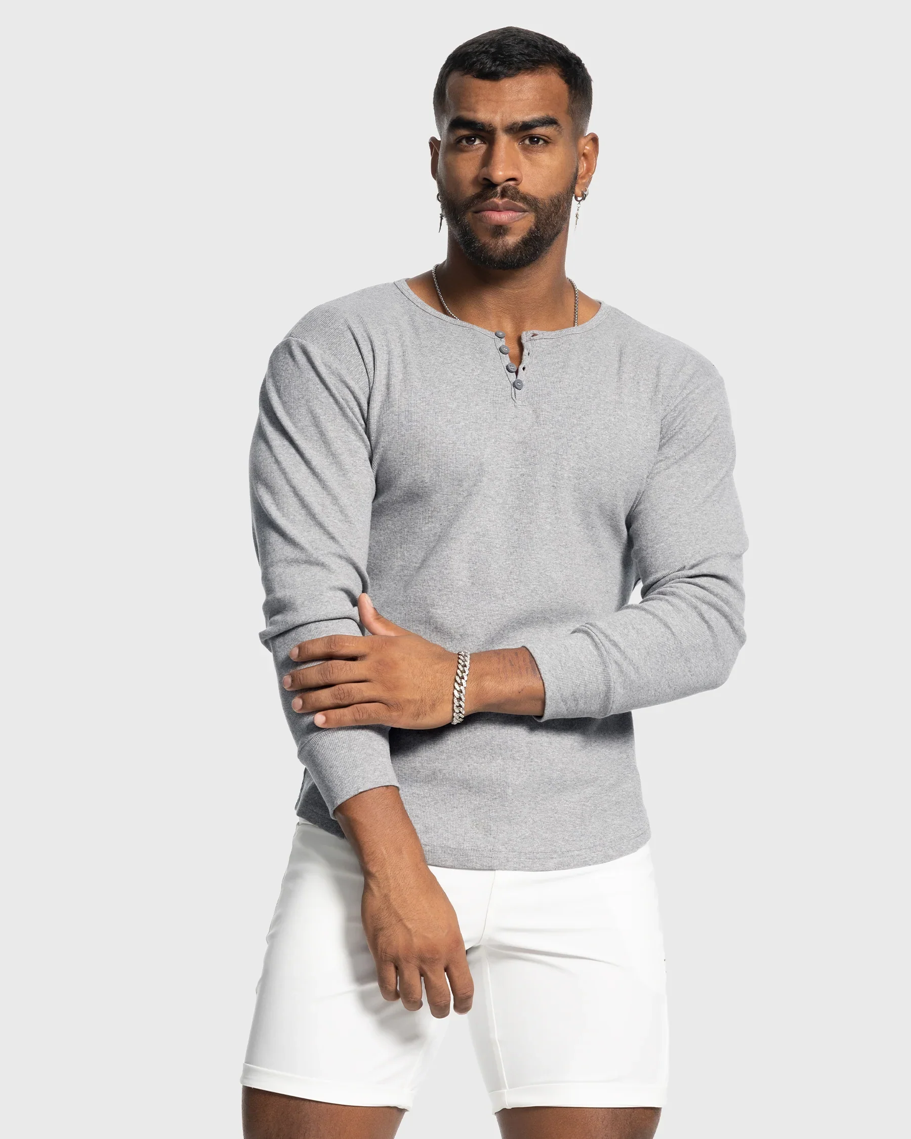 Rib Knit Curved Hem Long Sleeve Henley Shirt - Image 18