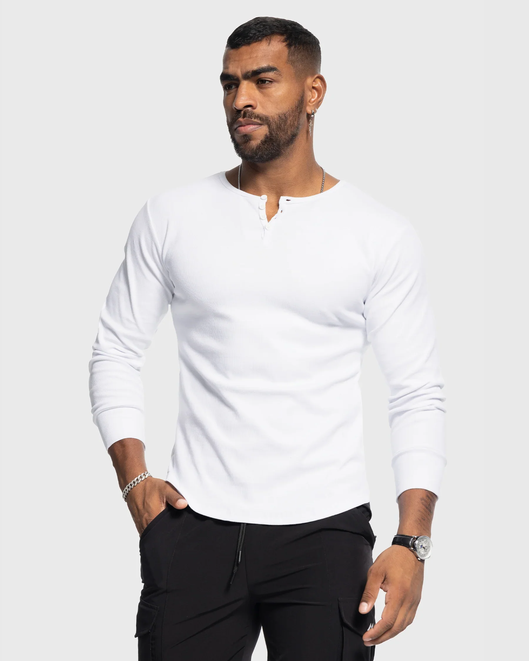 Rib Knit Curved Hem Long Sleeve Henley Shirt - Image 19