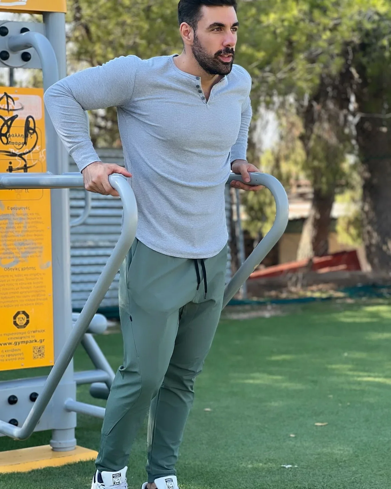 Rib Knit Curved Hem Long Sleeve Henley Shirt - Image 4