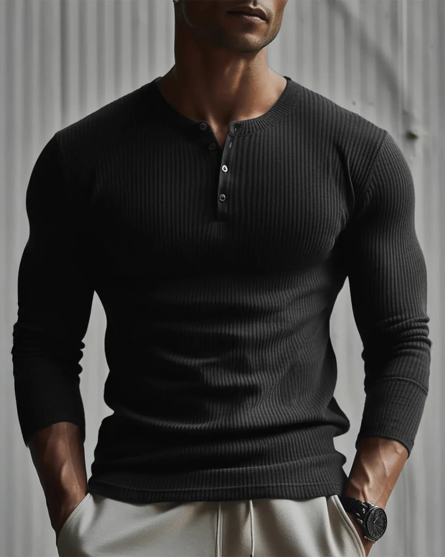 Rib Knit Curved Hem Long Sleeve Henley Shirt - Image 6