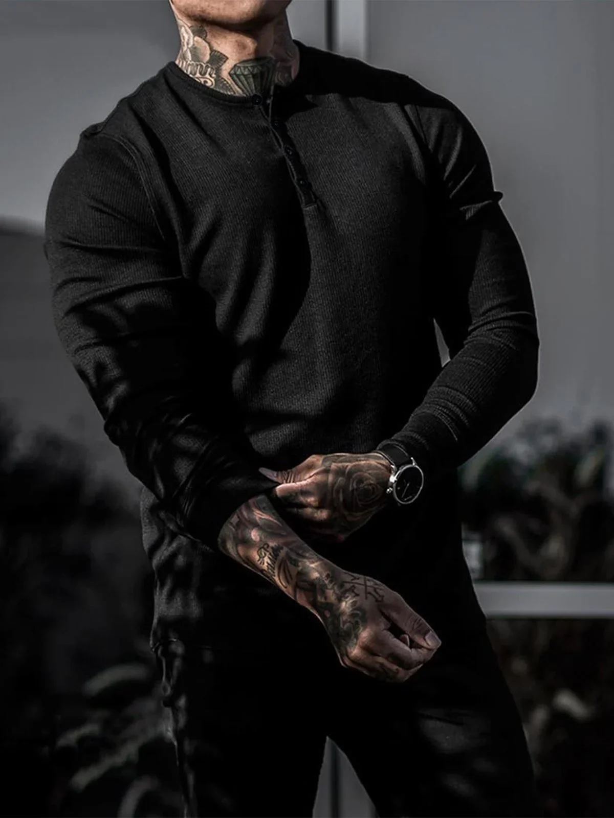 Rib Knit Curved Hem Long Sleeve Henley Shirt - Image 7