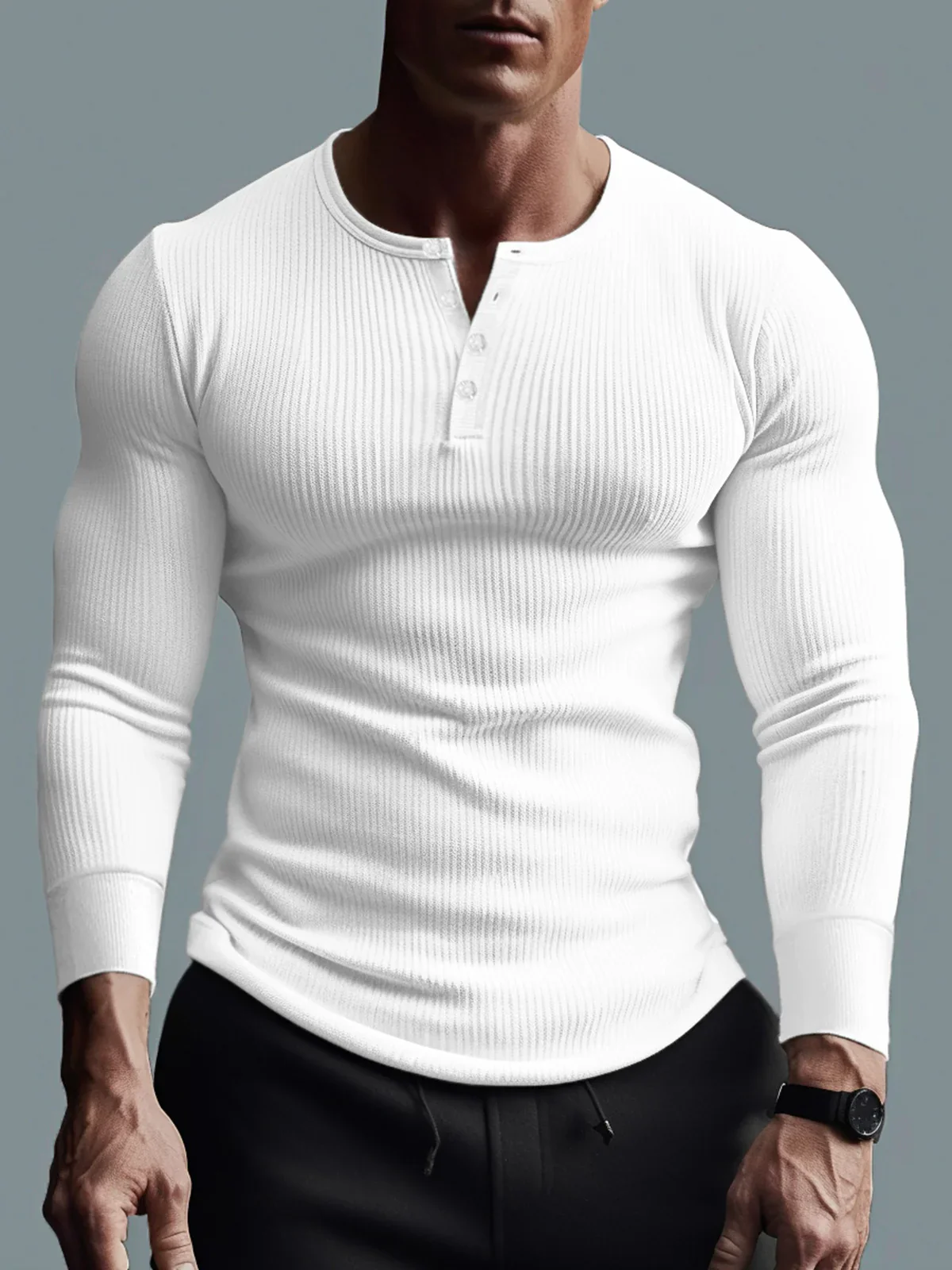 Rib Knit Curved Hem Long Sleeve Henley Shirt - Image 8