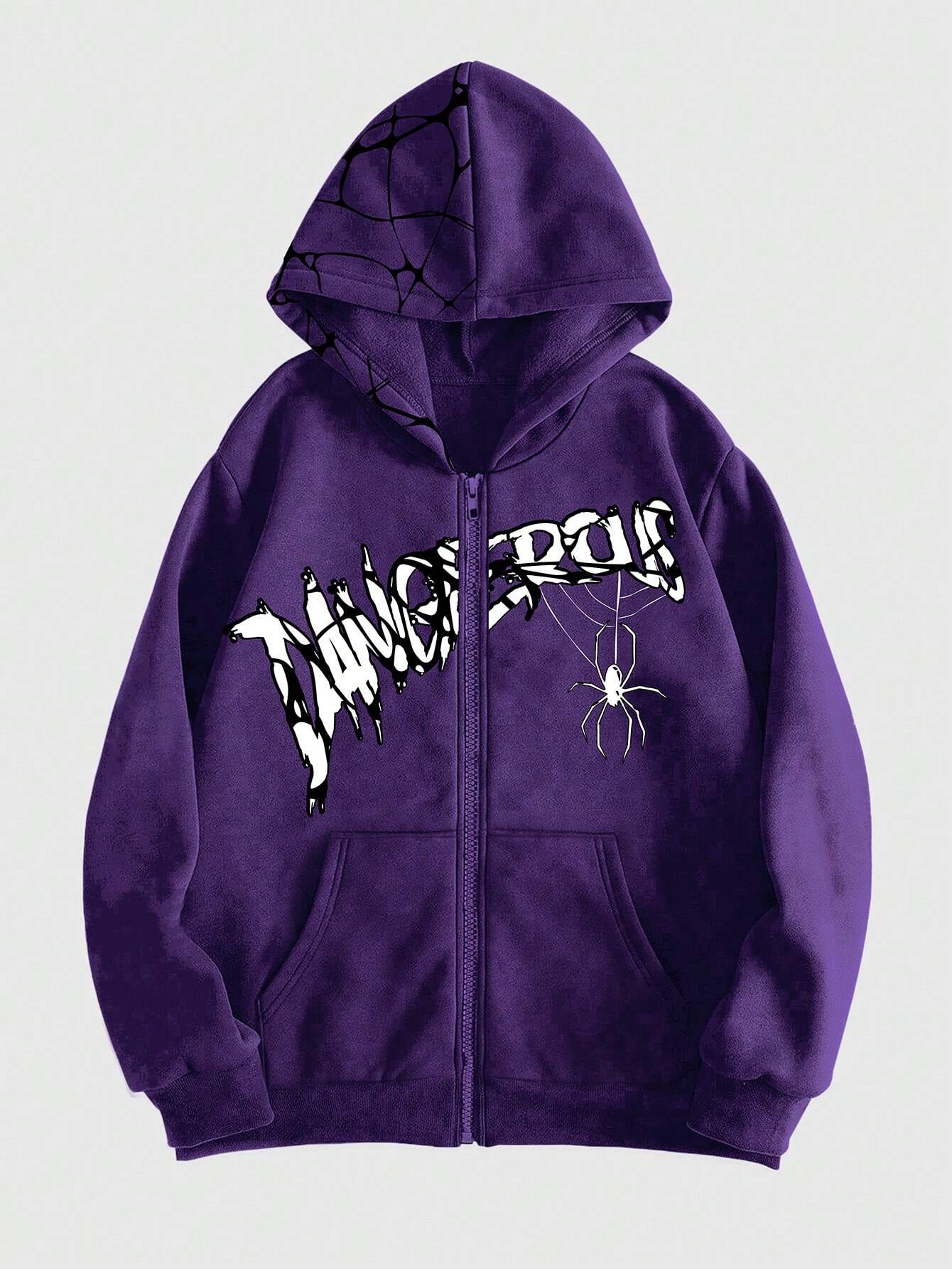 ROMWE Grunge Punk Letter & Spider Printed Zipper Front Hooded Sweatshirt With Long Sleeves - Image 10