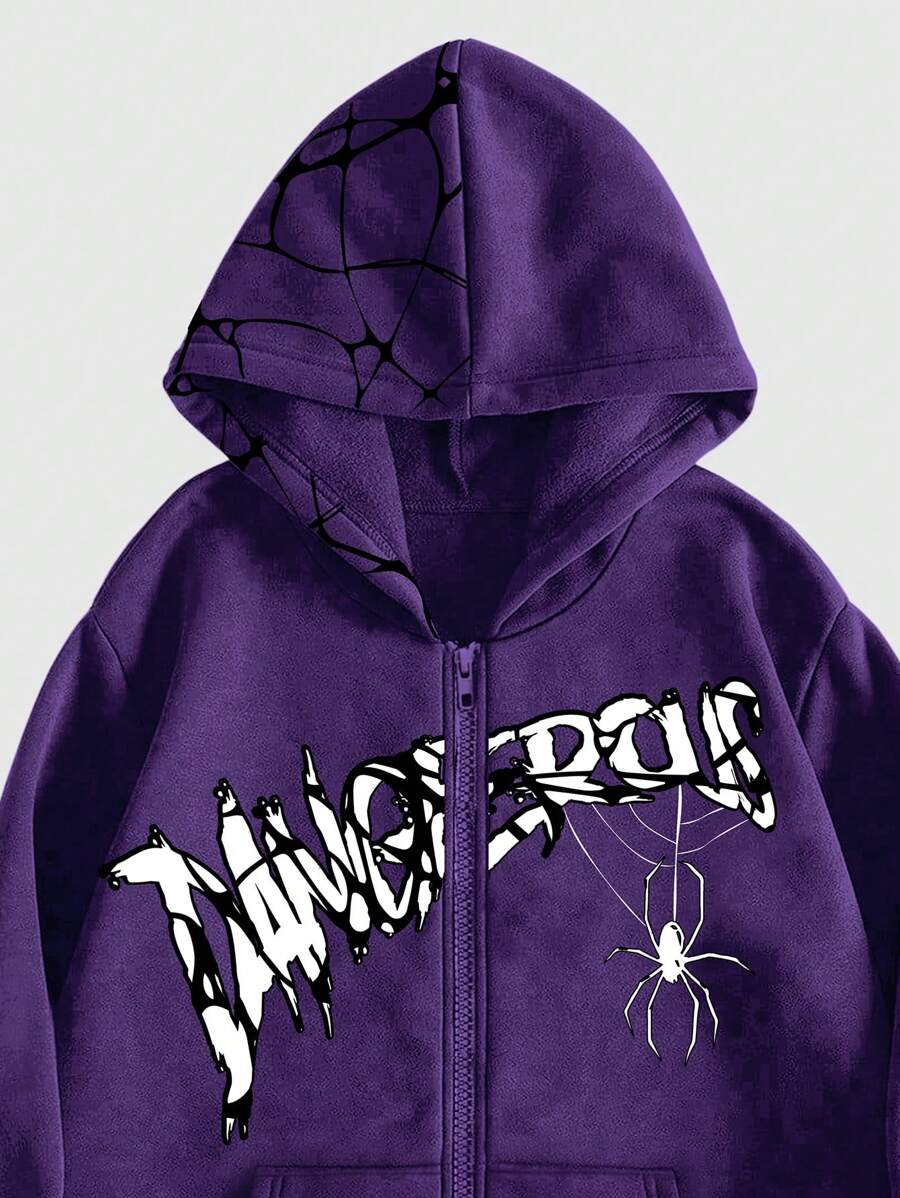 ROMWE Grunge Punk Letter & Spider Printed Zipper Front Hooded Sweatshirt With Long Sleeves - Image 12