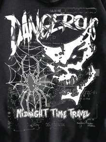 ROMWE Grunge Punk Letter & Spider Printed Zipper Front Hooded Sweatshirt With Long Sleeves - Image 3