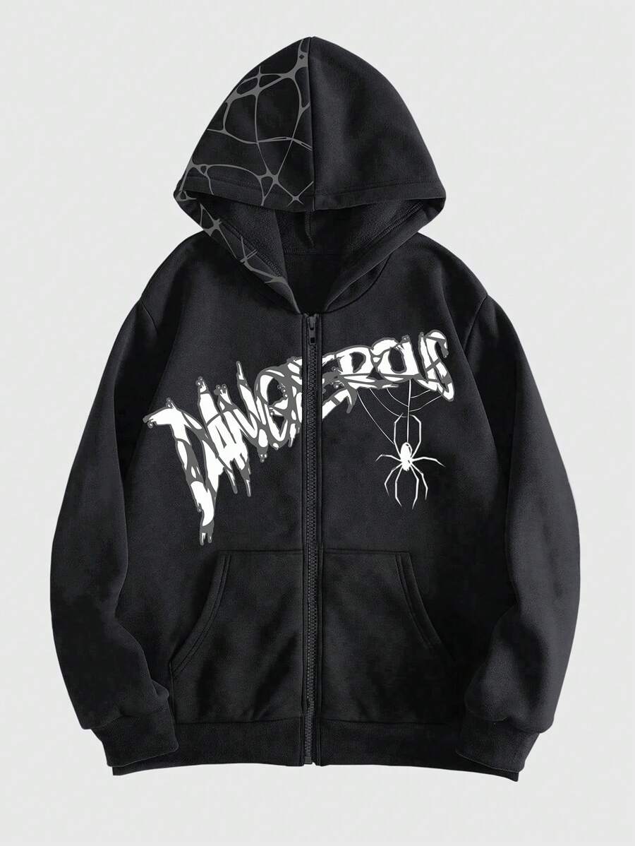 ROMWE Grunge Punk Letter & Spider Printed Zipper Front Hooded Sweatshirt With Long Sleeves - Image 4
