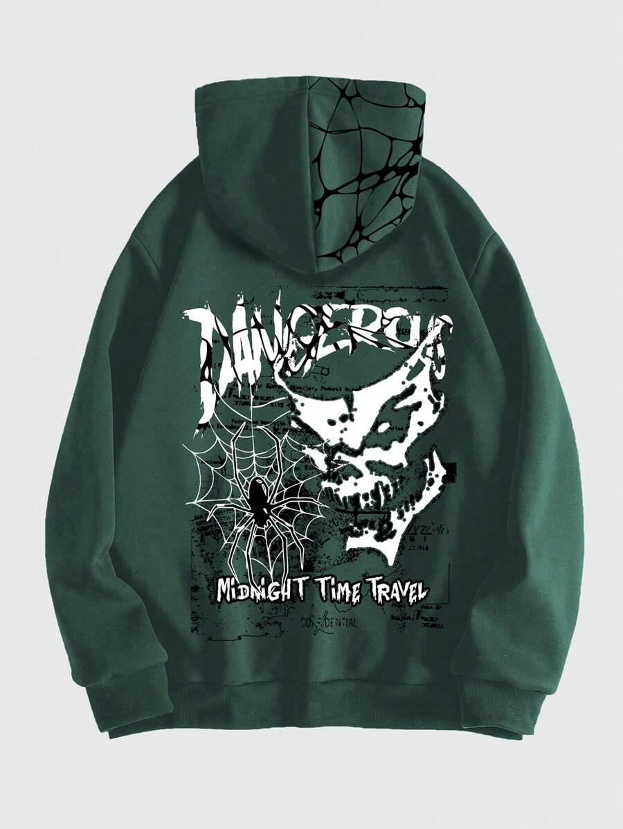 ROMWE Grunge Punk Letter & Spider Printed Zipper Front Hooded Sweatshirt With Long Sleeves - Image 5