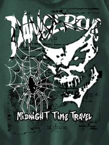 ROMWE Grunge Punk Letter & Spider Printed Zipper Front Hooded Sweatshirt With Long Sleeves - Image 7
