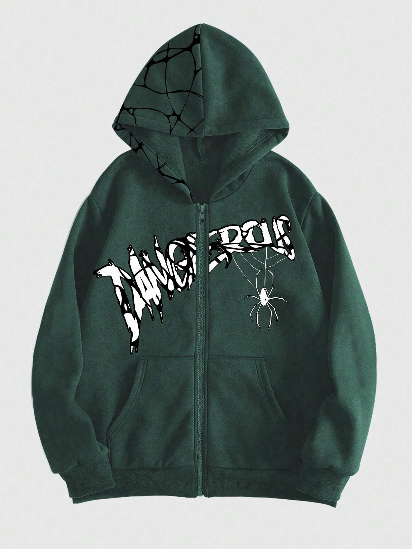 ROMWE Grunge Punk Letter & Spider Printed Zipper Front Hooded Sweatshirt With Long Sleeves - Image 8