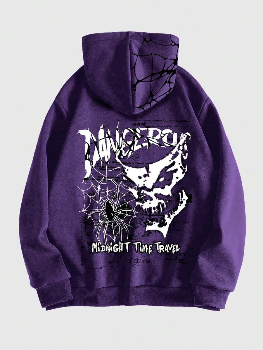 ROMWE Grunge Punk Letter & Spider Printed Zipper Front Hooded Sweatshirt With Long Sleeves - Image 9