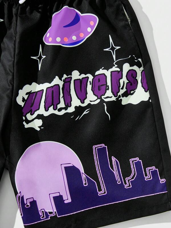ROMWE Street Life Cartoon & Letter Graphic Drawstring Waist Shorts - Image 4