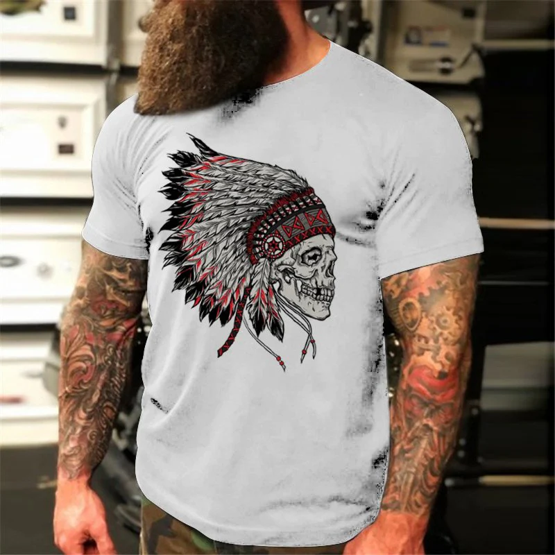 Skull Indian Short Sleeve Style Head Dark Biker T-Shirt