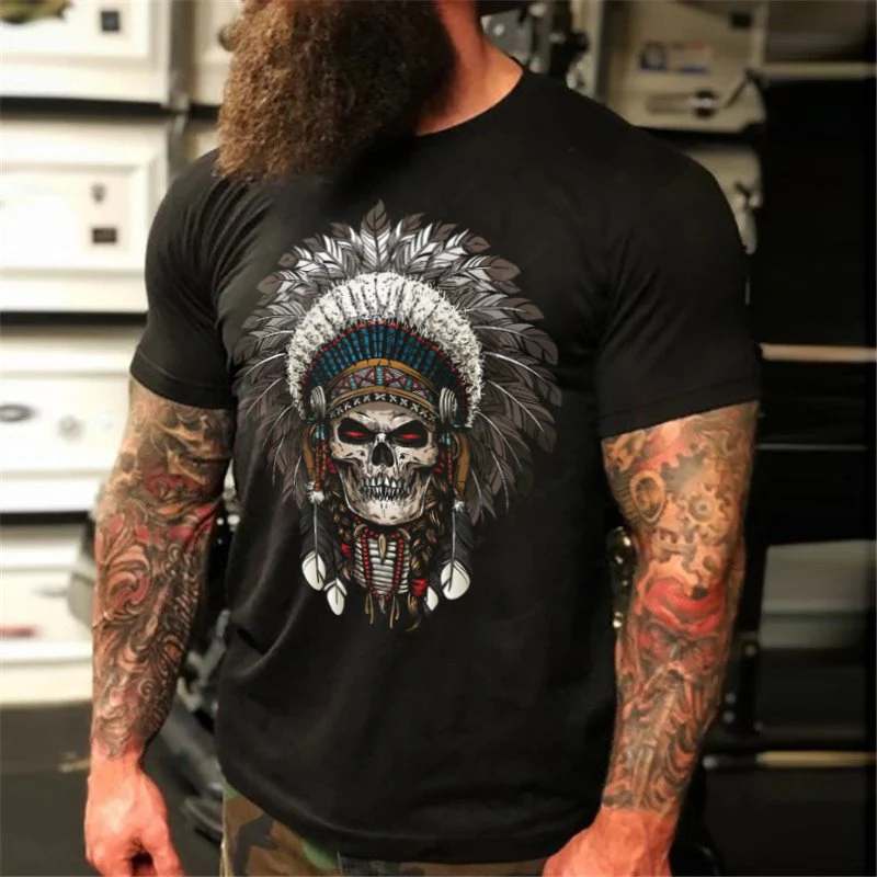 Skull Indian Short Sleeve Style Head Dark Biker T-Shirt
