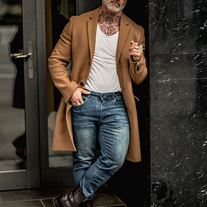 Solid Color Lapel Mid Length Woolen Coat