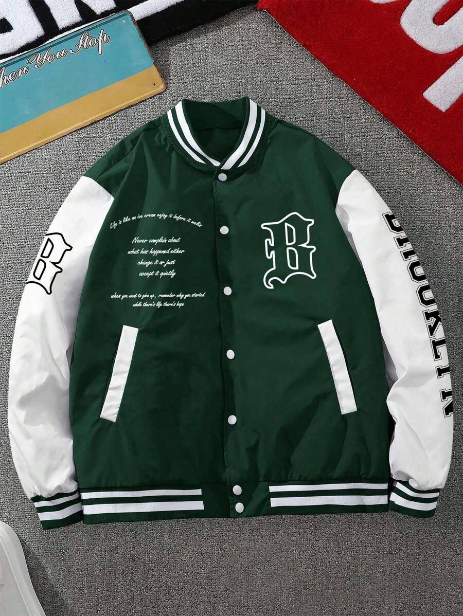 Sporsity Letter & Striped Print Baseball Jacket - Image 10