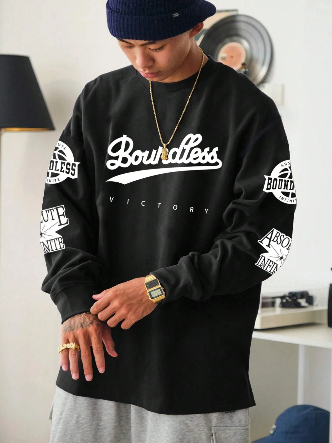 Sporsity Loose Fit Long Sleeve T-Shirt, Crew Neck, Letter Printed