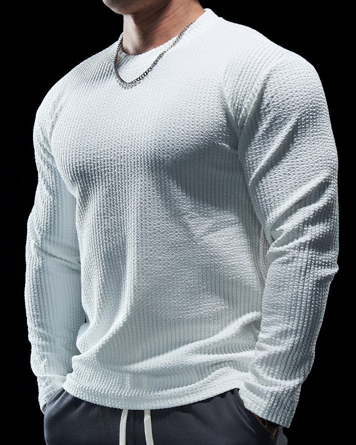 Texture Grid Crewneck Pullover Long Sleeve Shirt - Image 4