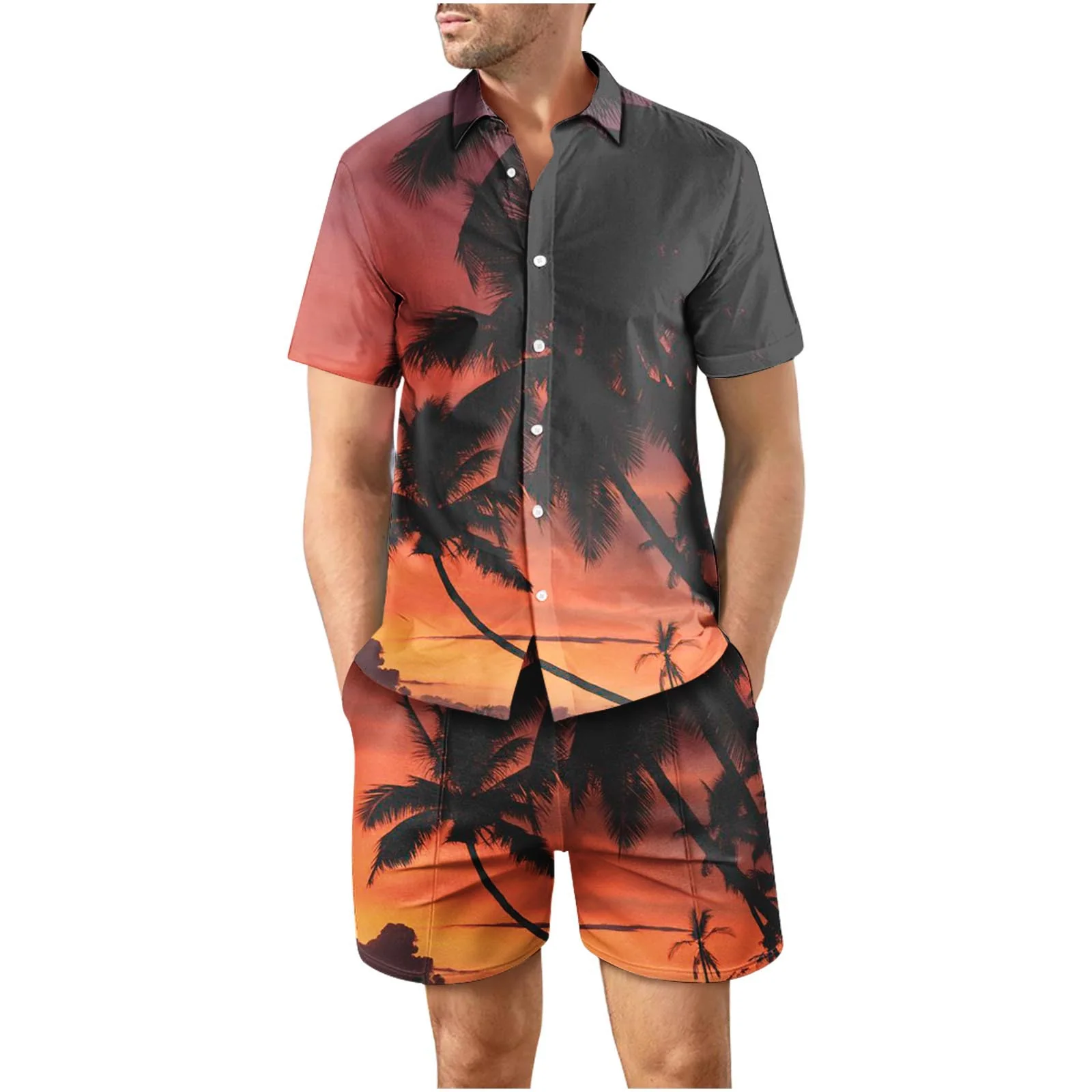 Tropical Sunset Fourth Button Up Short Sleeve and Shorts Loose Set