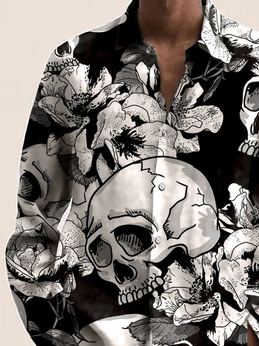 Vintage Casual Long Sleeve Shirt Skull Floral Print Button Shirt - Image 2