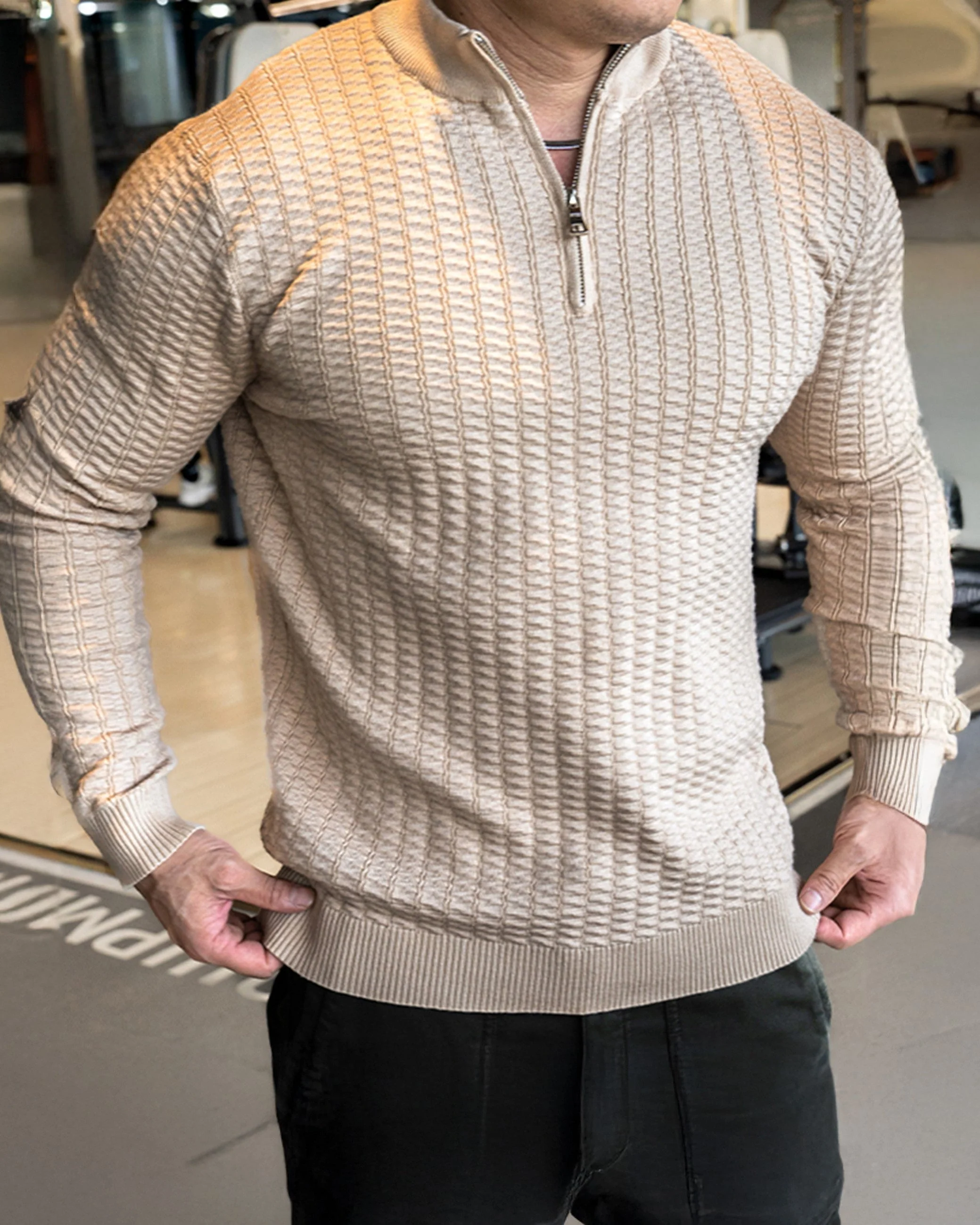 Wheat Textured Quarter Zip Pullover Sweater - Image 2