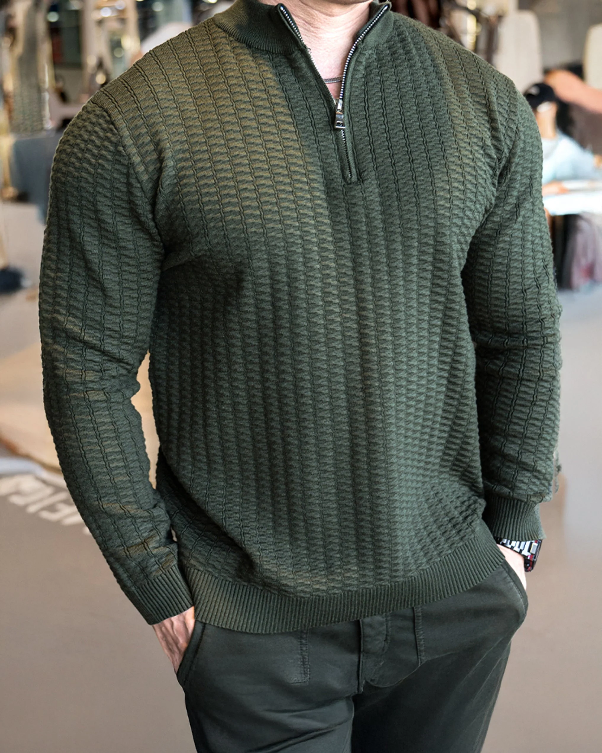 Wheat Textured Quarter Zip Pullover Sweater - Image 3