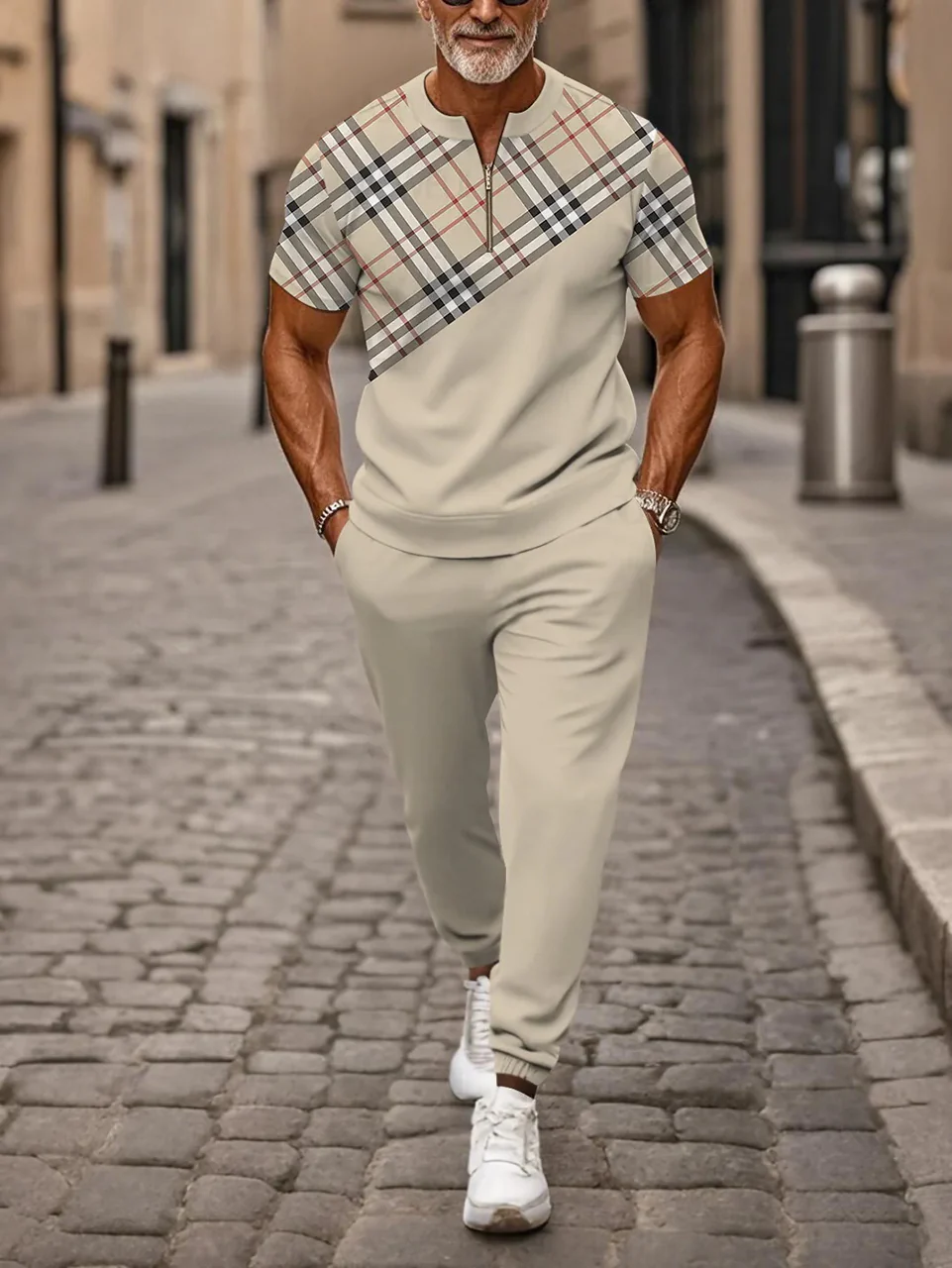 Zipper Short Sleeve Long Pants Two-Piece Set