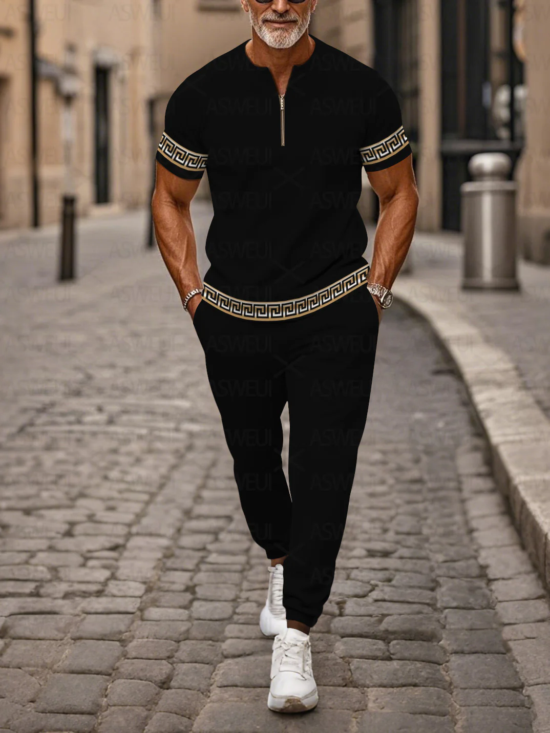 Zipper Short Sleeve Long Pants Two-Piece Set