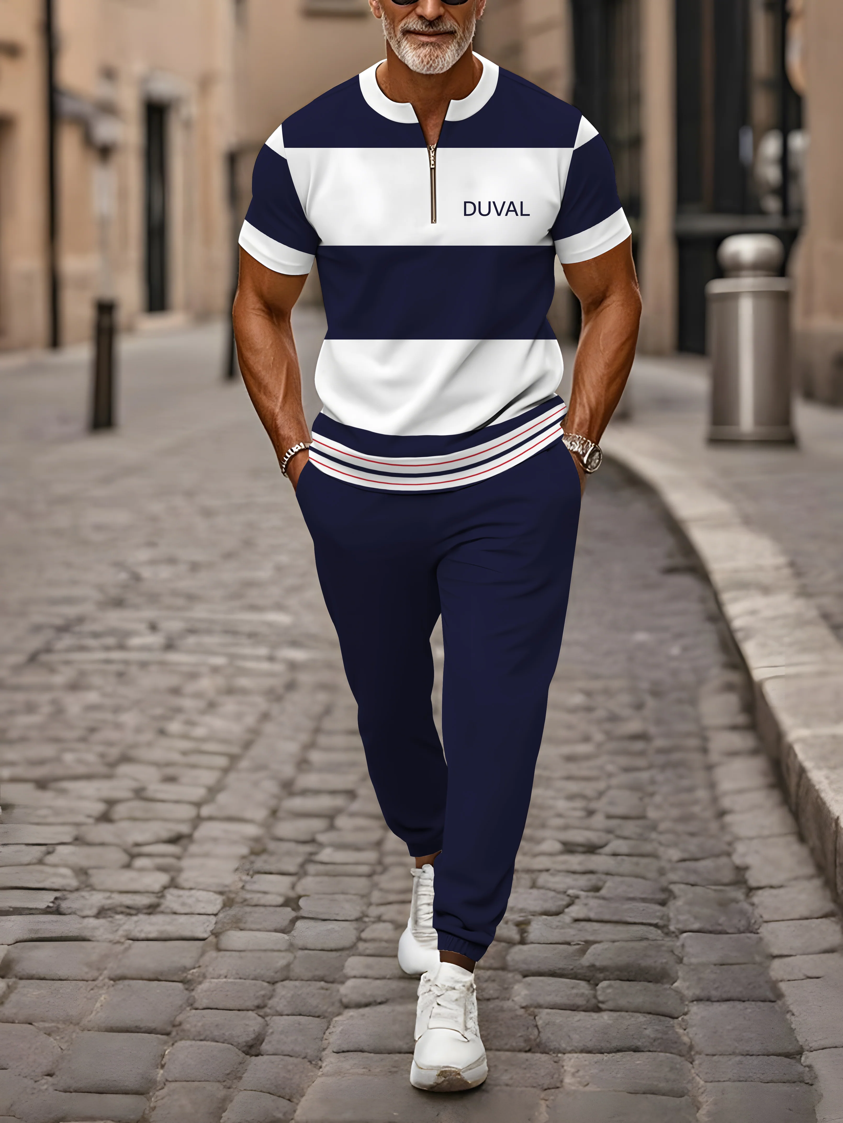 Zipper Short Sleeve Long Pants Two-Piece Set - Image 3