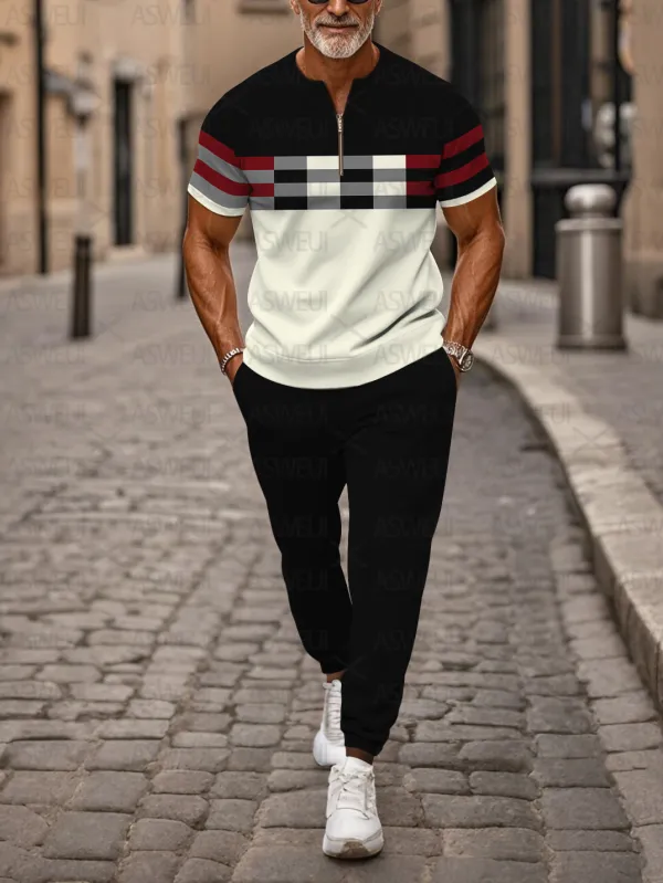Zipper Short Sleeve Long Pants Two-Piece Set