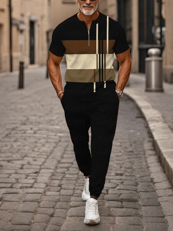 Zipper Short Sleeve Long Pants Two-Piece Set