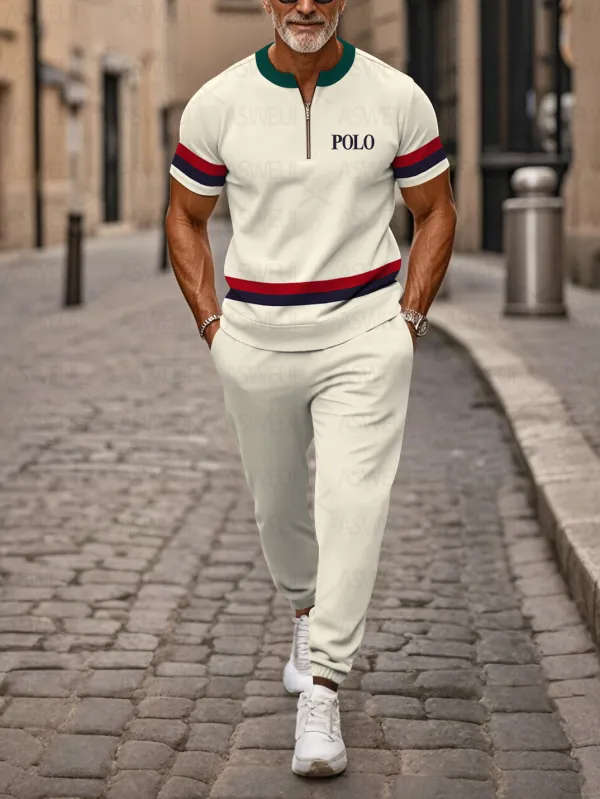 Zipper Short Sleeve Long Pants Two-Piece Set