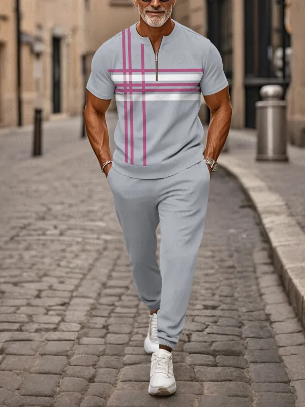 Zipper Short Sleeve Long Pants Two-Piece Set