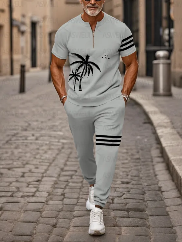 Zipper Short Sleeve Long Pants Two-Piece Set