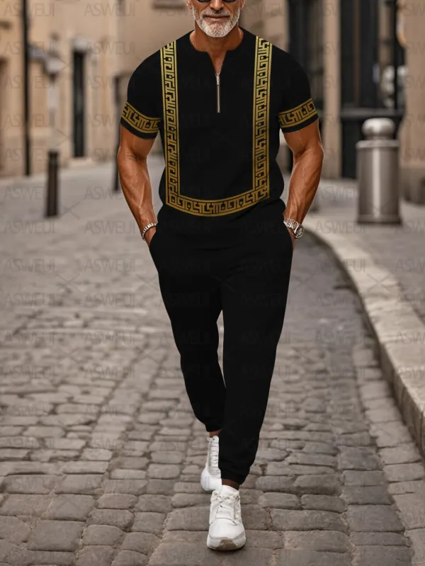 Zipper Short Sleeve Long Pants Two-Piece Set