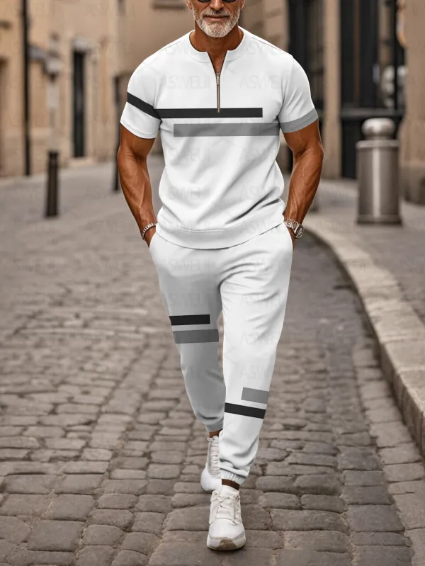 Zipper Short Sleeve Long Pants Two-Piece Set