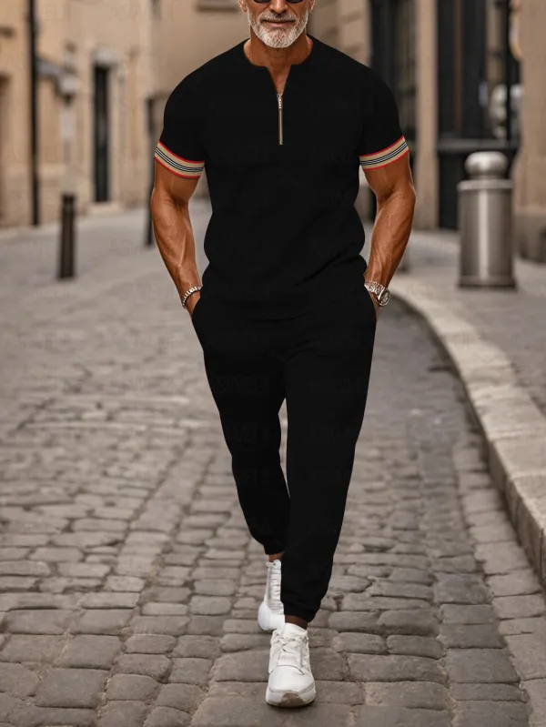 Zipper Short Sleeve Long Pants Two-Piece Set